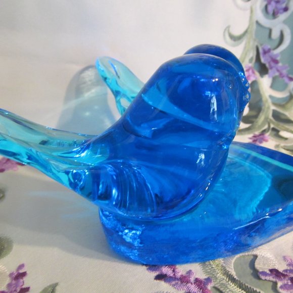 Vtg Blue Glass Double Bluebird of Happiness Bluebirds on Heart Leo Ward 1991 - Picture 7 of 16